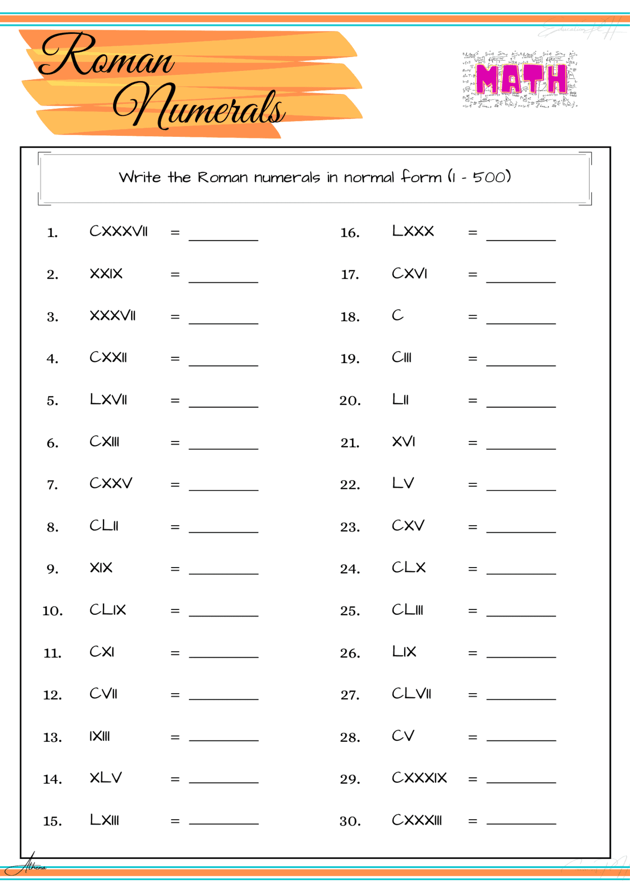 grade 4 math roman numerals