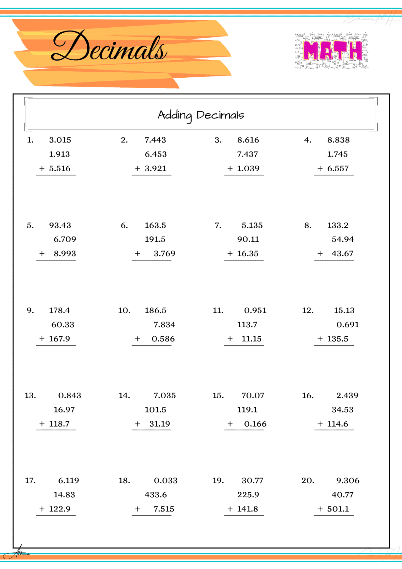 Maths Decimal Worksheet For Class 4